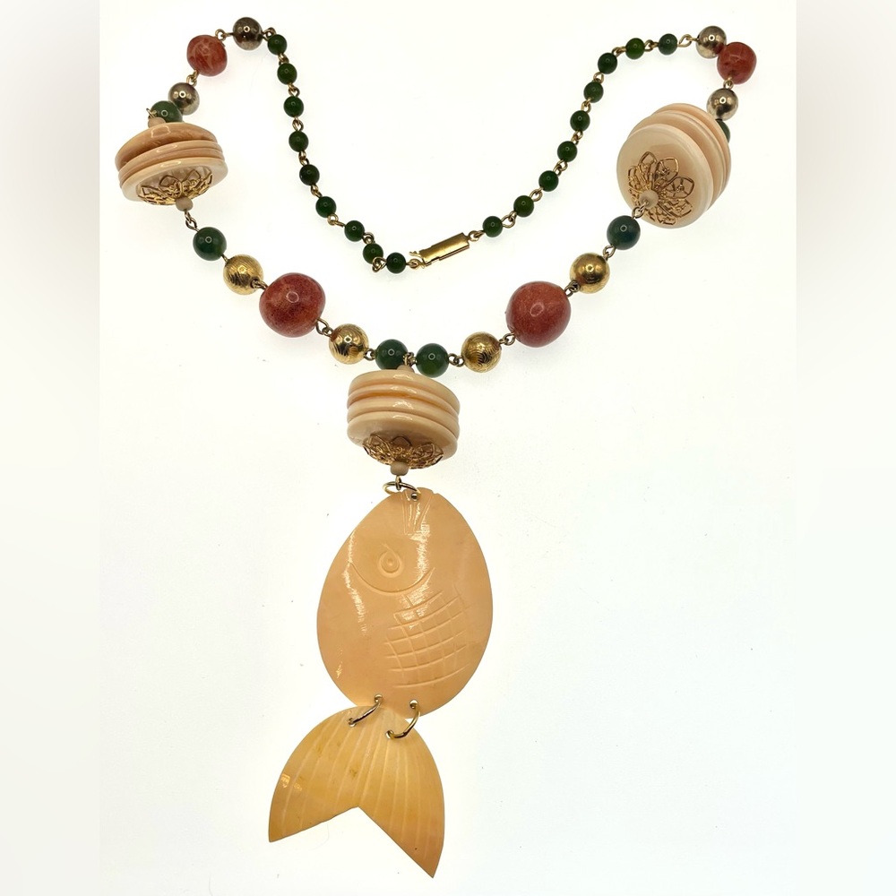 Vintage Beaded Necklace with Large Fish Pendant Statement Necklace Nautical